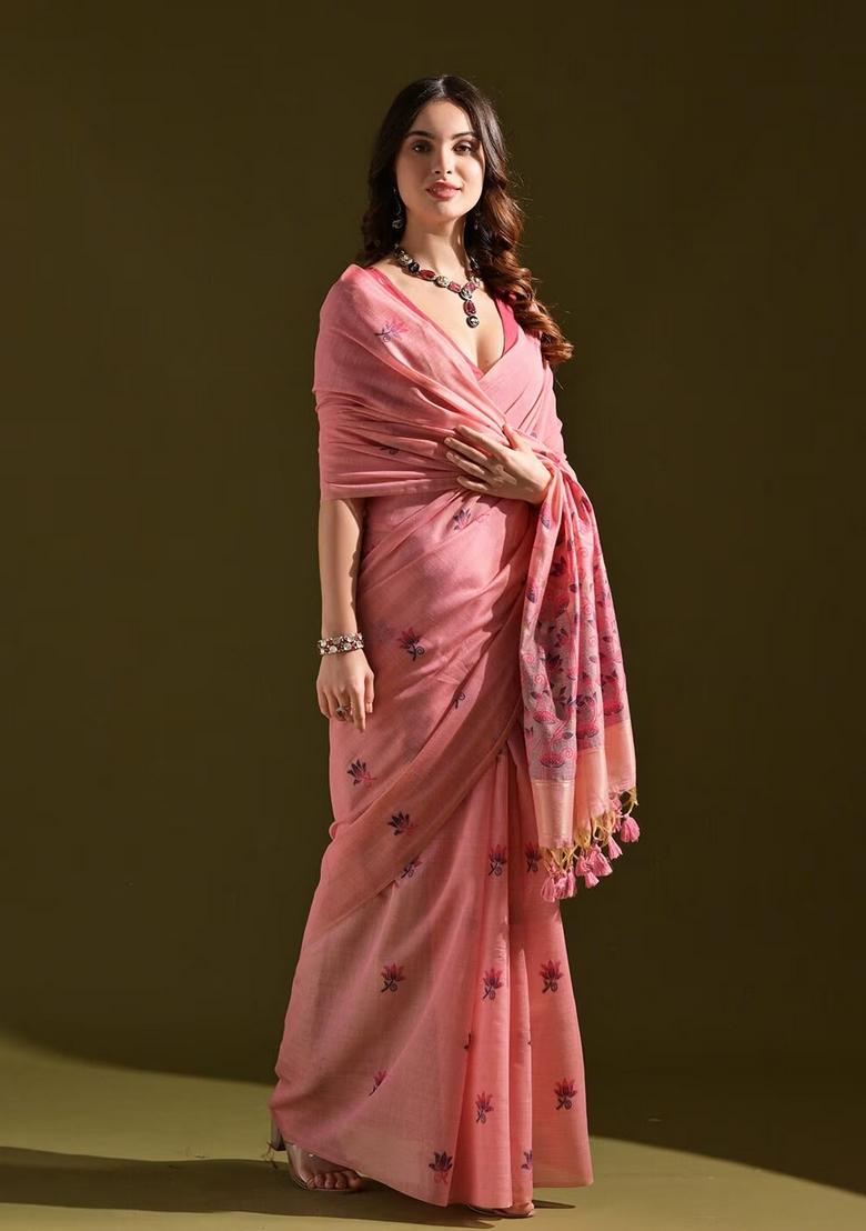 Pink Zari Woven Soft Muga Cotton Saree Set