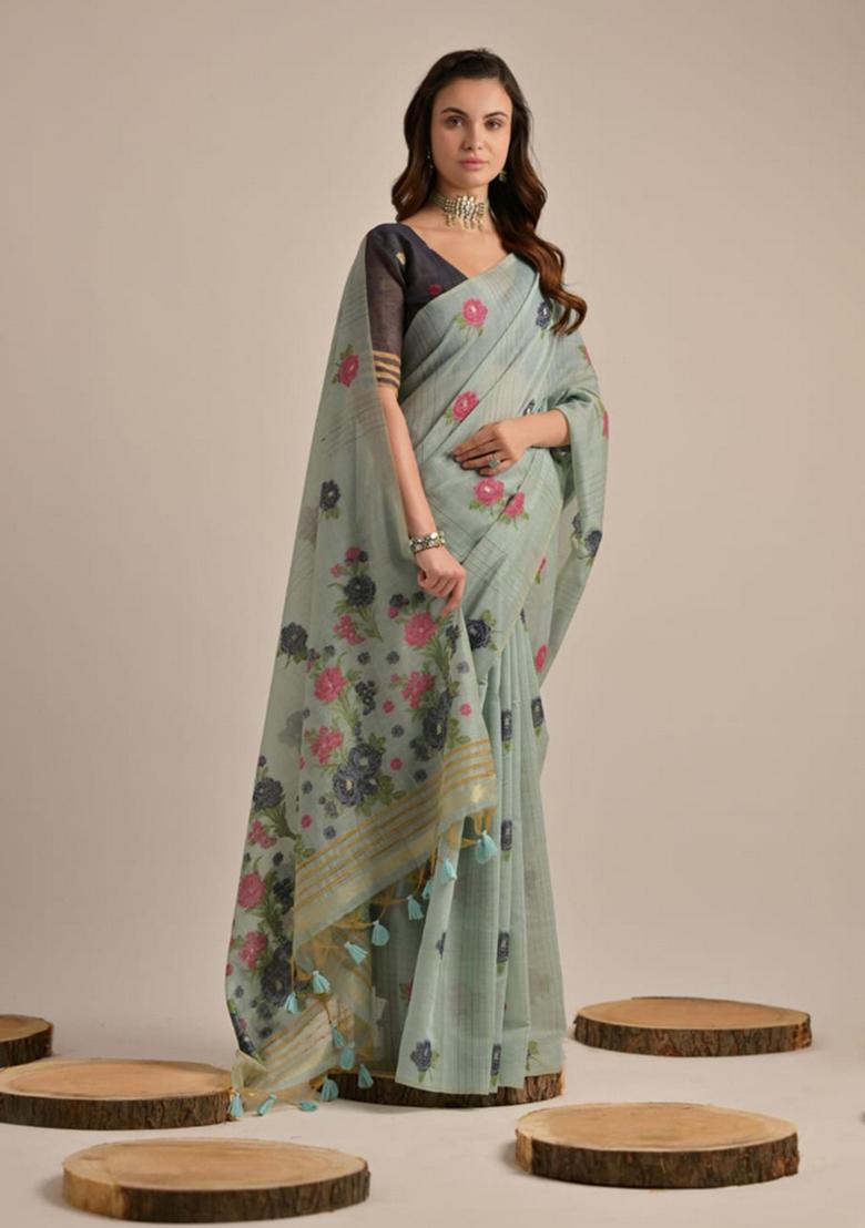 Sea Green Zari Woven Soft Muga Cotton Saree Set
