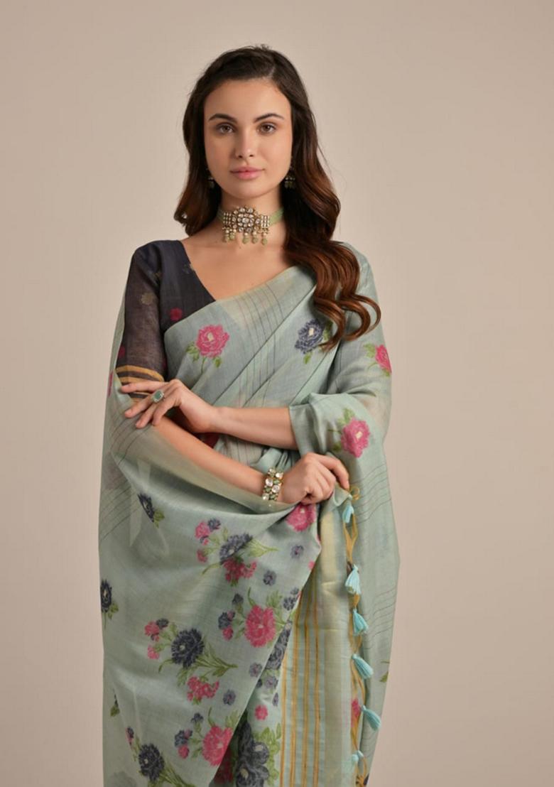 Sea Green Zari Woven Soft Muga Cotton Saree Set