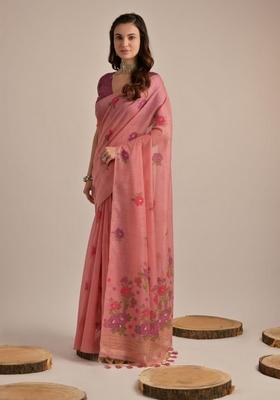 Pink Zari Woven Soft Muga Cotton Saree Set