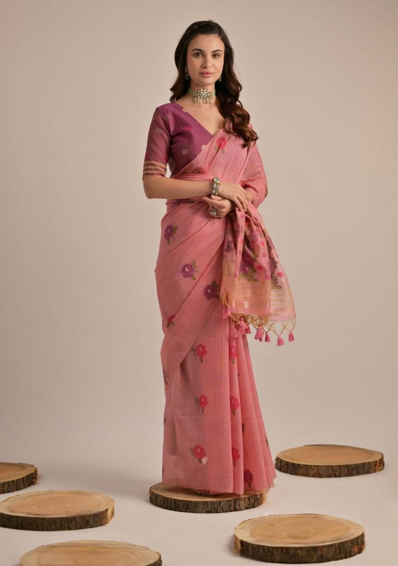 Pink Zari Woven Soft Muga Cotton Saree Set