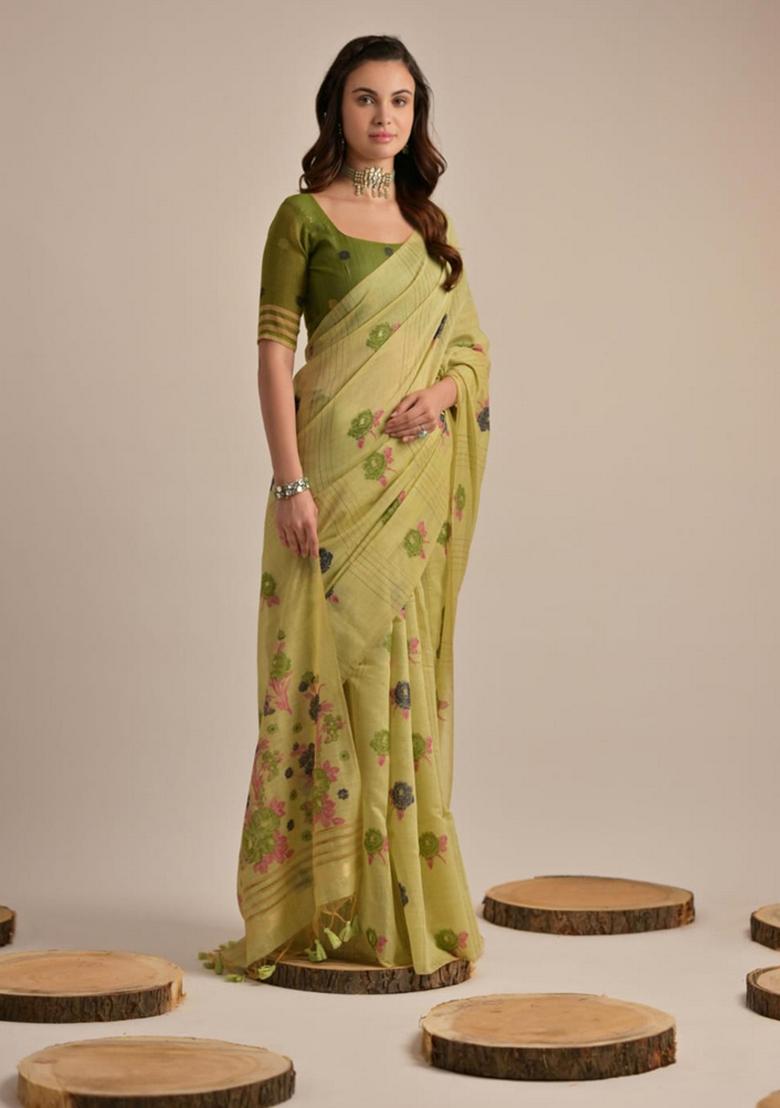 Pista Green Zari Woven Soft Muga Cotton Saree Set