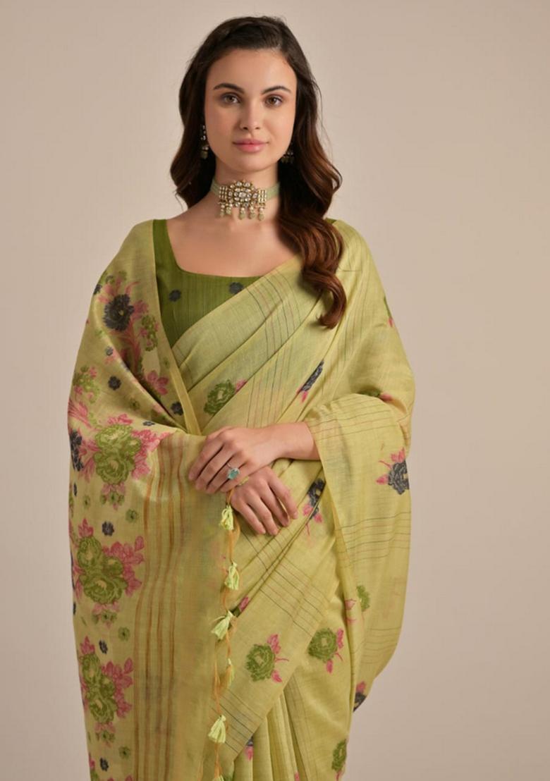 Pista Green Zari Woven Soft Muga Cotton Saree Set