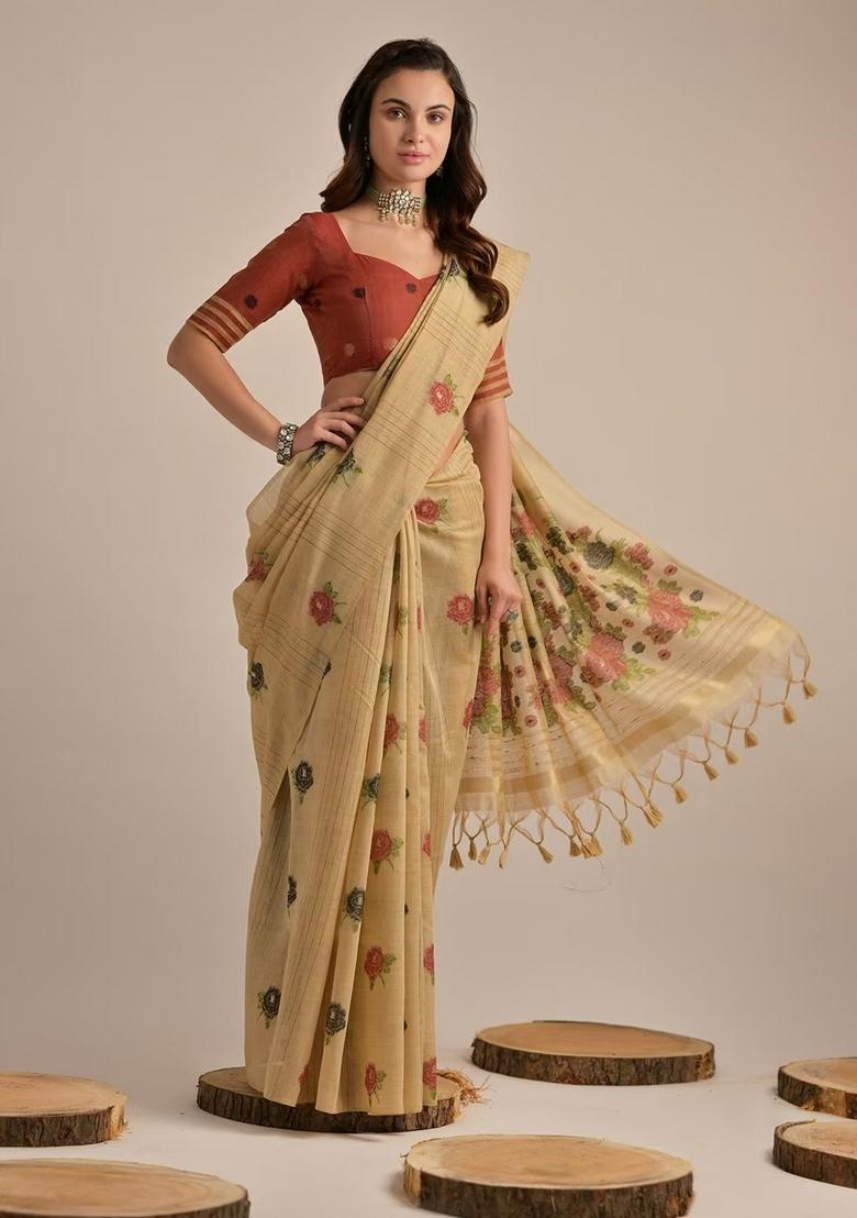 Cream Zari Woven Soft Muga Cotton Saree Set