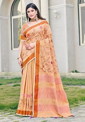 Peach Floral Embroidered Poly Blend Saree Set