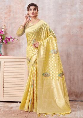 Yellow Printed Woven Poly Blend Saree Set