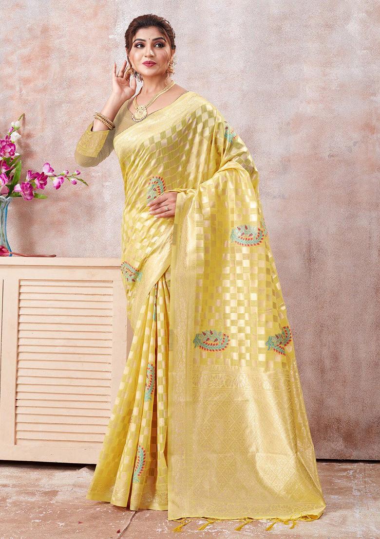 Yellow Printed Woven Poly Blend Saree Set