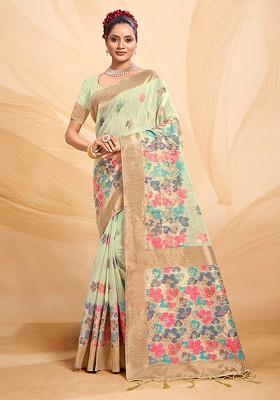 Green Floral Print Woven Poly Blend Saree Set