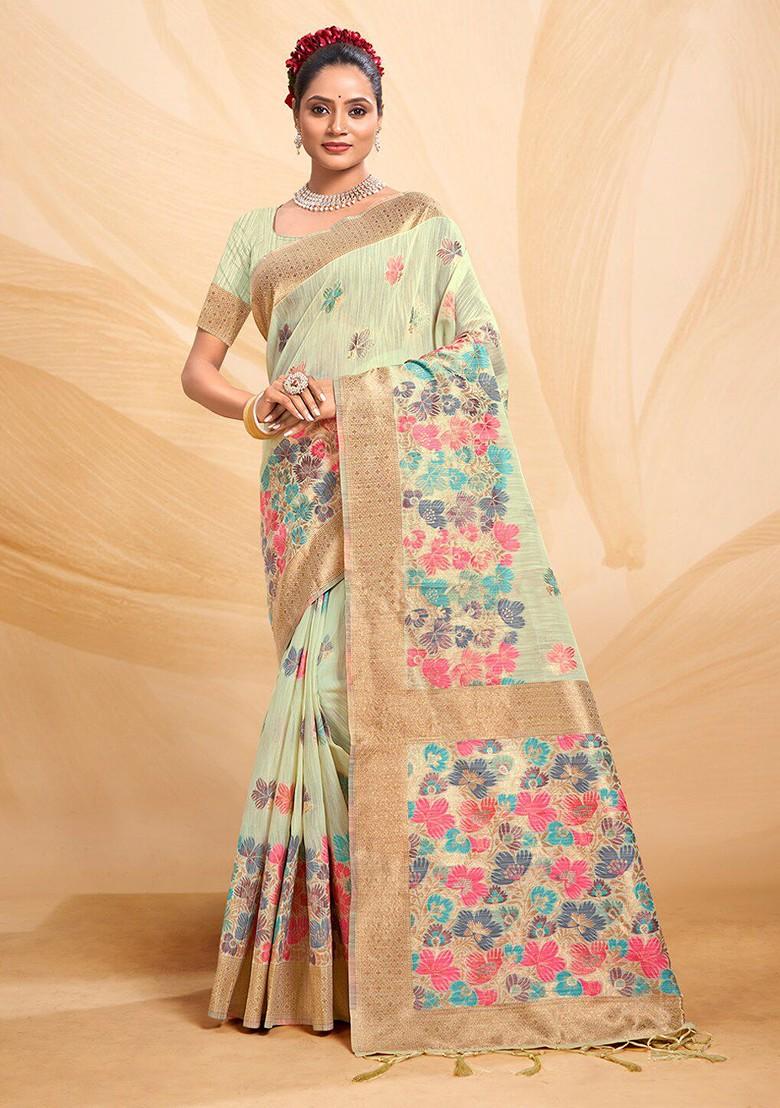 Green Floral Print Woven Poly Blend Saree Set