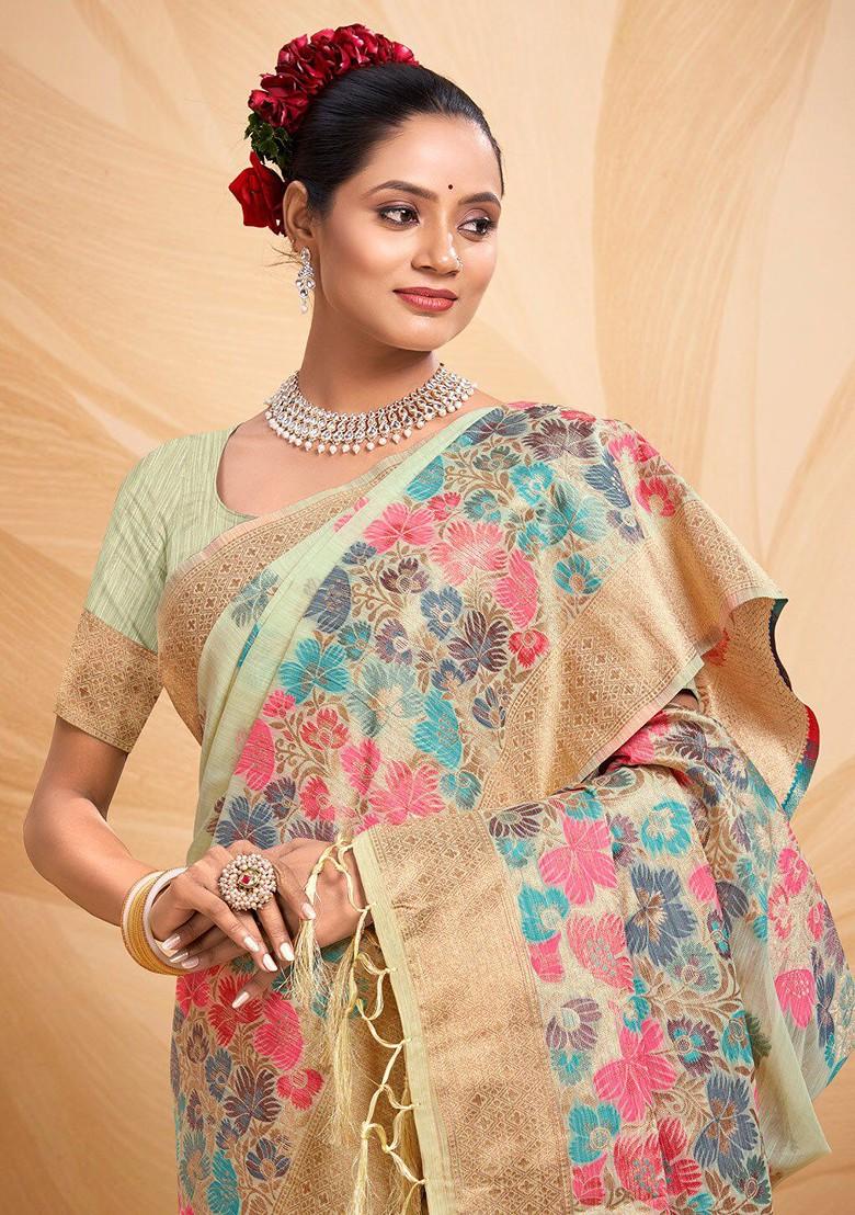 Green Floral Print Woven Poly Blend Saree Set