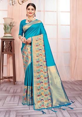 Blue Printed Woven Poly Blend Saree Set