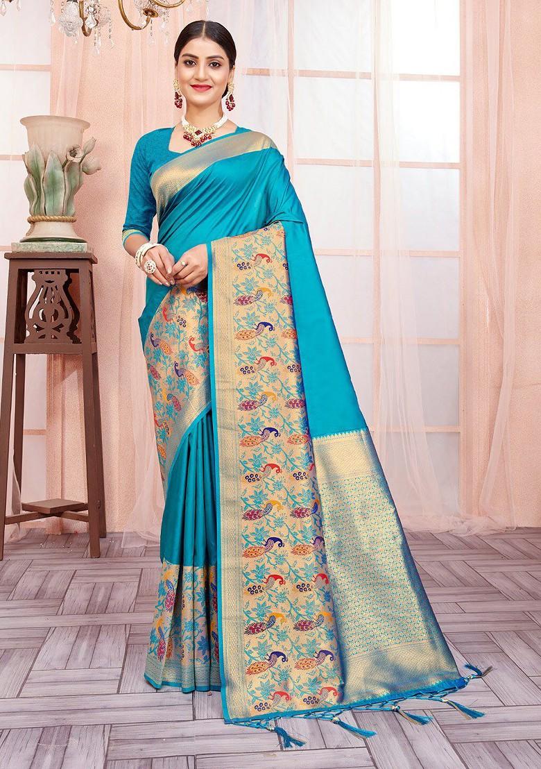 Blue Printed Woven Poly Blend Saree Set