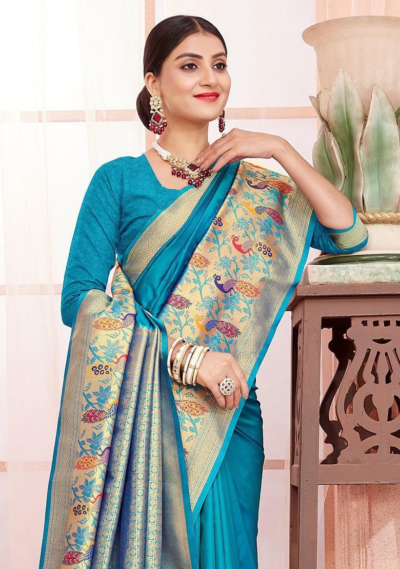 Blue Printed Woven Poly Blend Saree Set