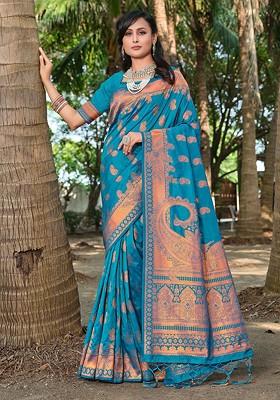 Blue Printed Woven Poly Blend Saree Set