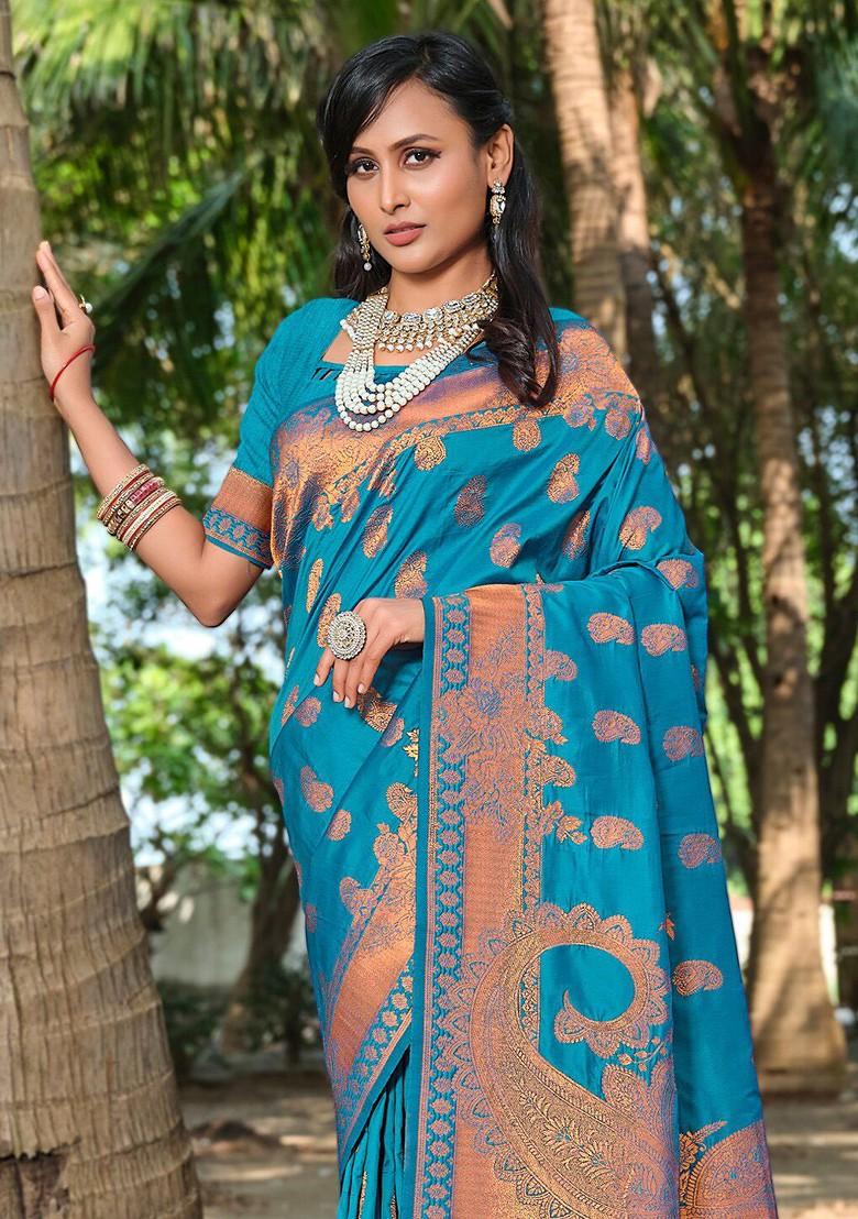 Blue Printed Woven Poly Blend Saree Set