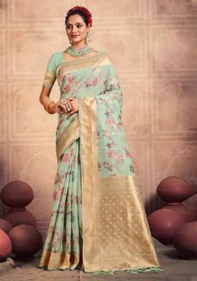 Sea Green Printed Woven Poly Blend Saree Set