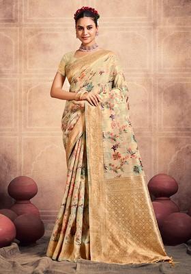 Yellow Printed Woven Poly Blend Saree Set