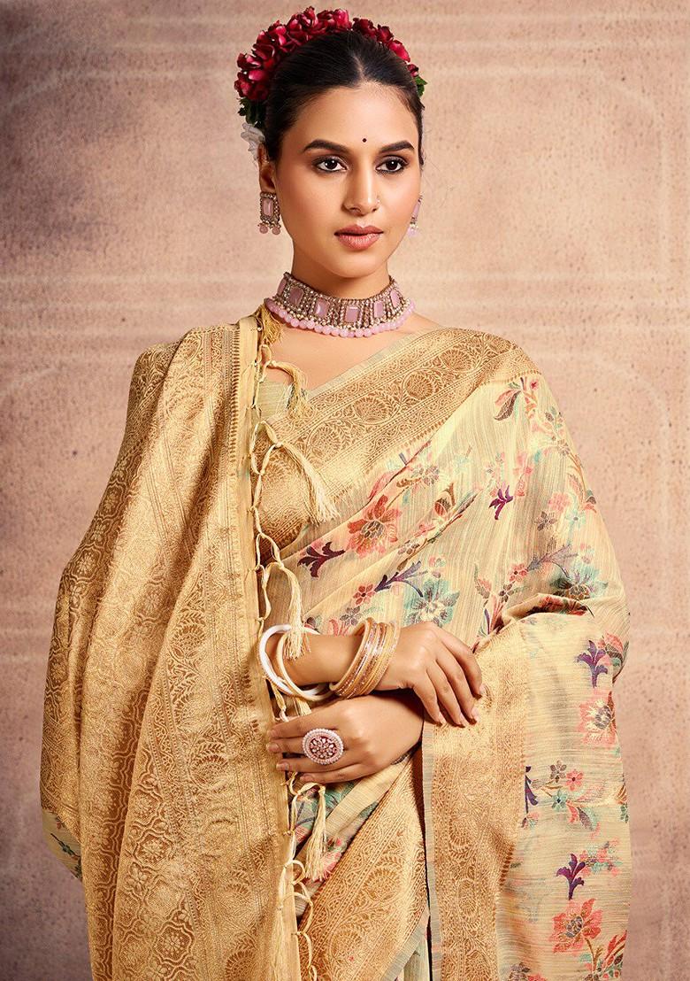 Yellow Printed Woven Poly Blend Saree Set