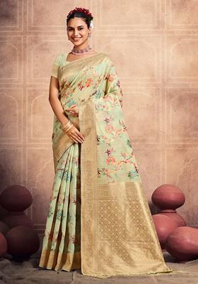 Green Floral Print Woven Poly Blend Saree Set