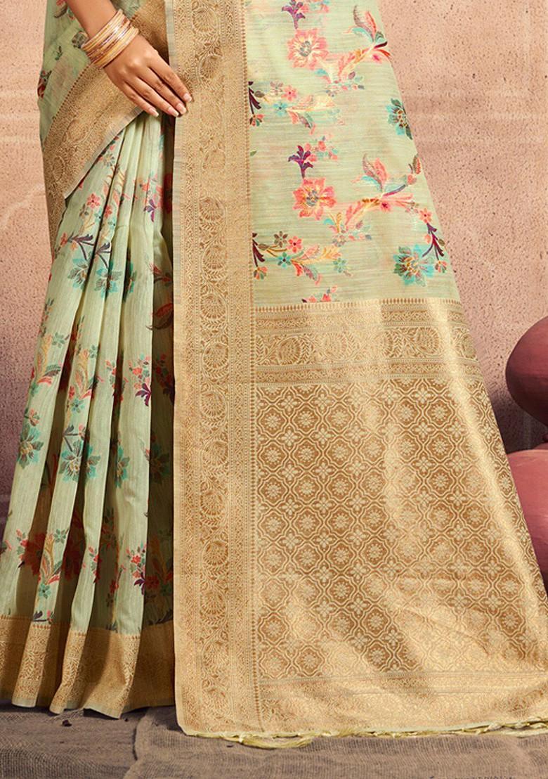 Green Floral Print Woven Poly Blend Saree Set