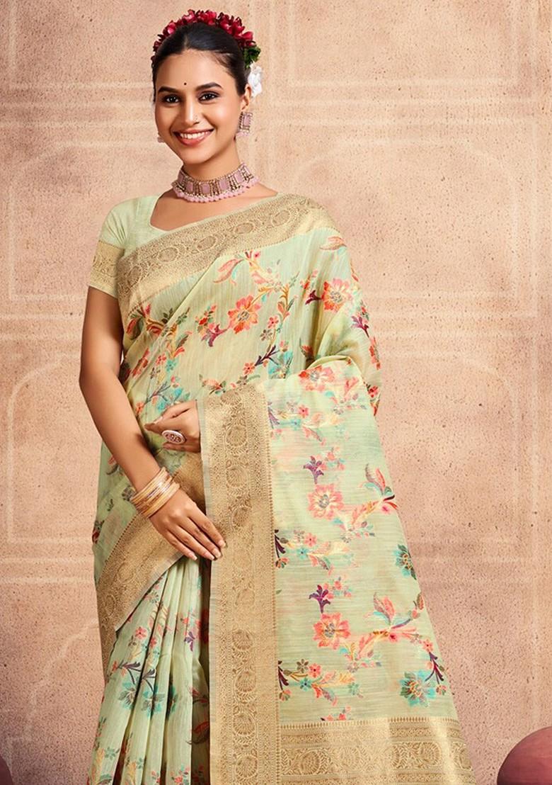 Green Floral Print Woven Poly Blend Saree Set