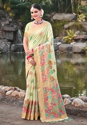 Green Floral Print Woven Poly Blend Saree Set