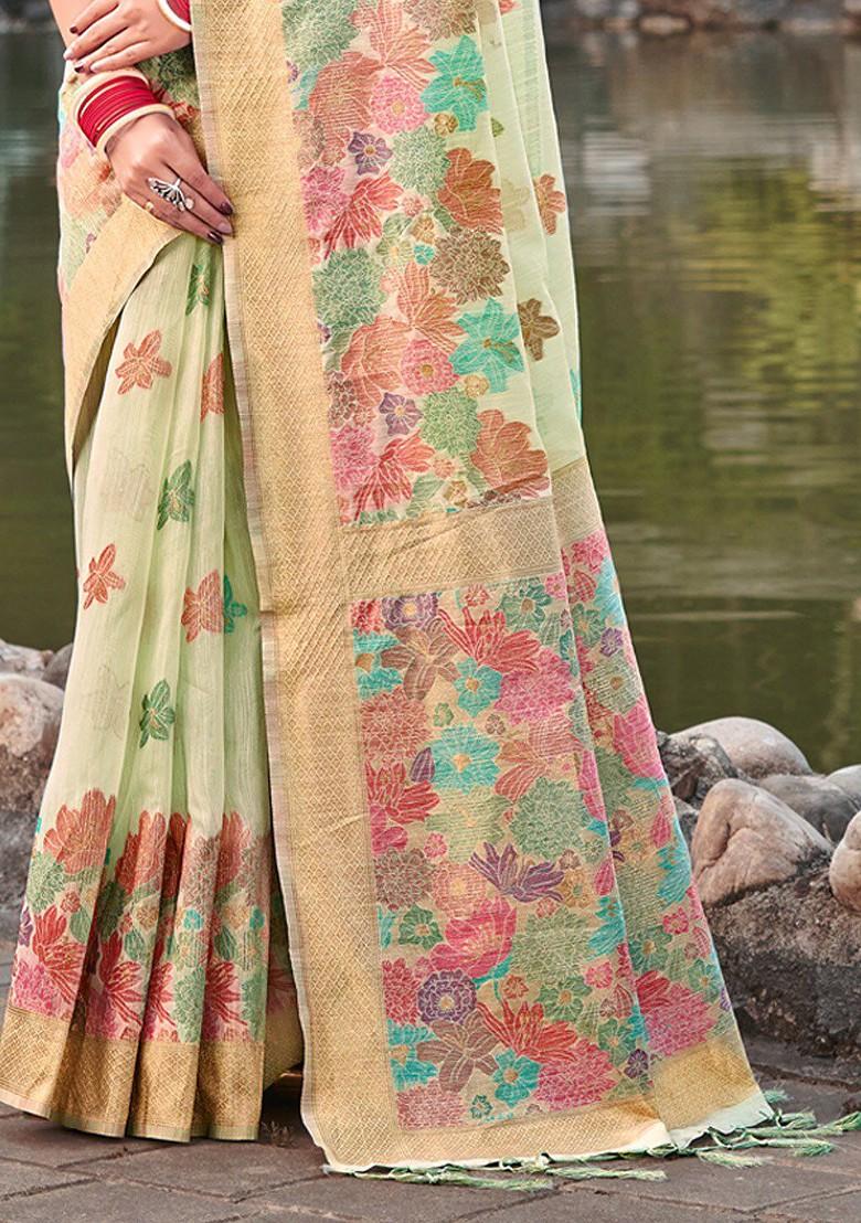 Green Floral Print Woven Poly Blend Saree Set