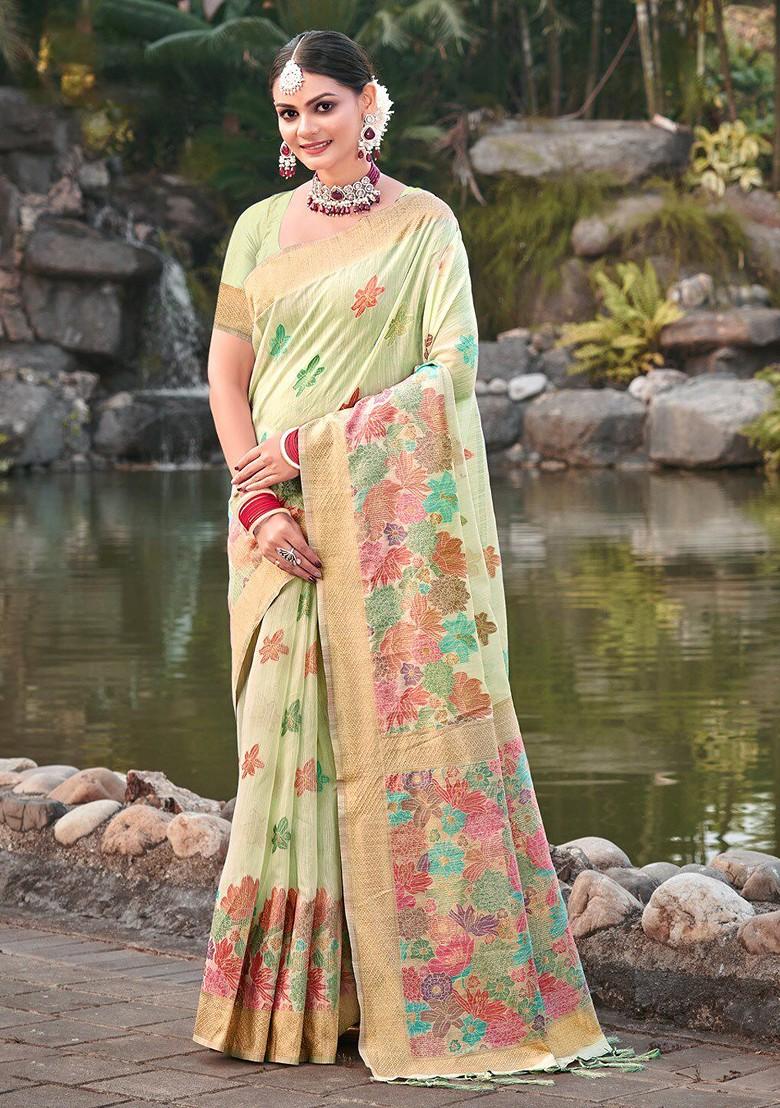 Green Floral Print Woven Poly Blend Saree Set