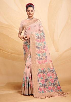 Pink Floral Print Woven Poly Blend Saree Set
