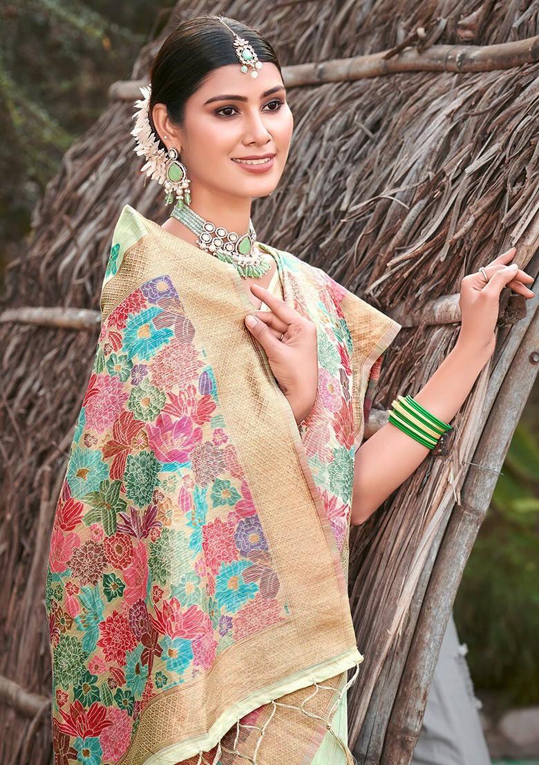 Green Floral Print Woven Poly Blend Saree Set