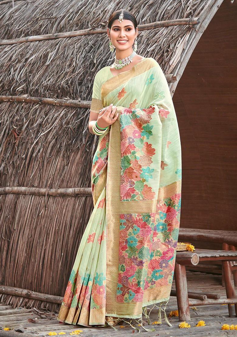 Green Floral Print Woven Poly Blend Saree Set