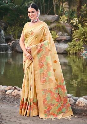 Yellow Floral Print Woven Poly Blend Saree Set