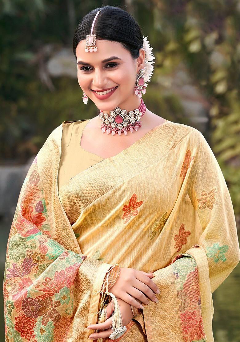 Yellow Floral Print Woven Poly Blend Saree Set