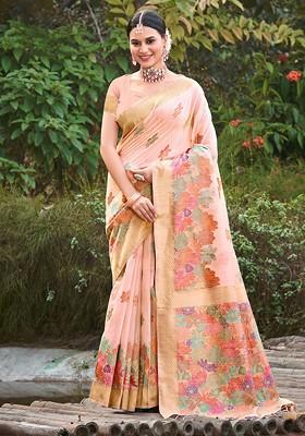 Peach Floral Print Woven Poly Blend Saree Set