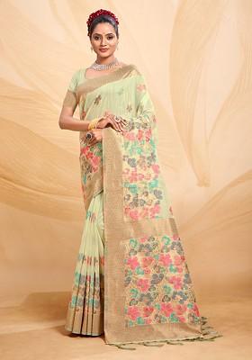 Green Floral Print Woven Poly Blend Saree Set