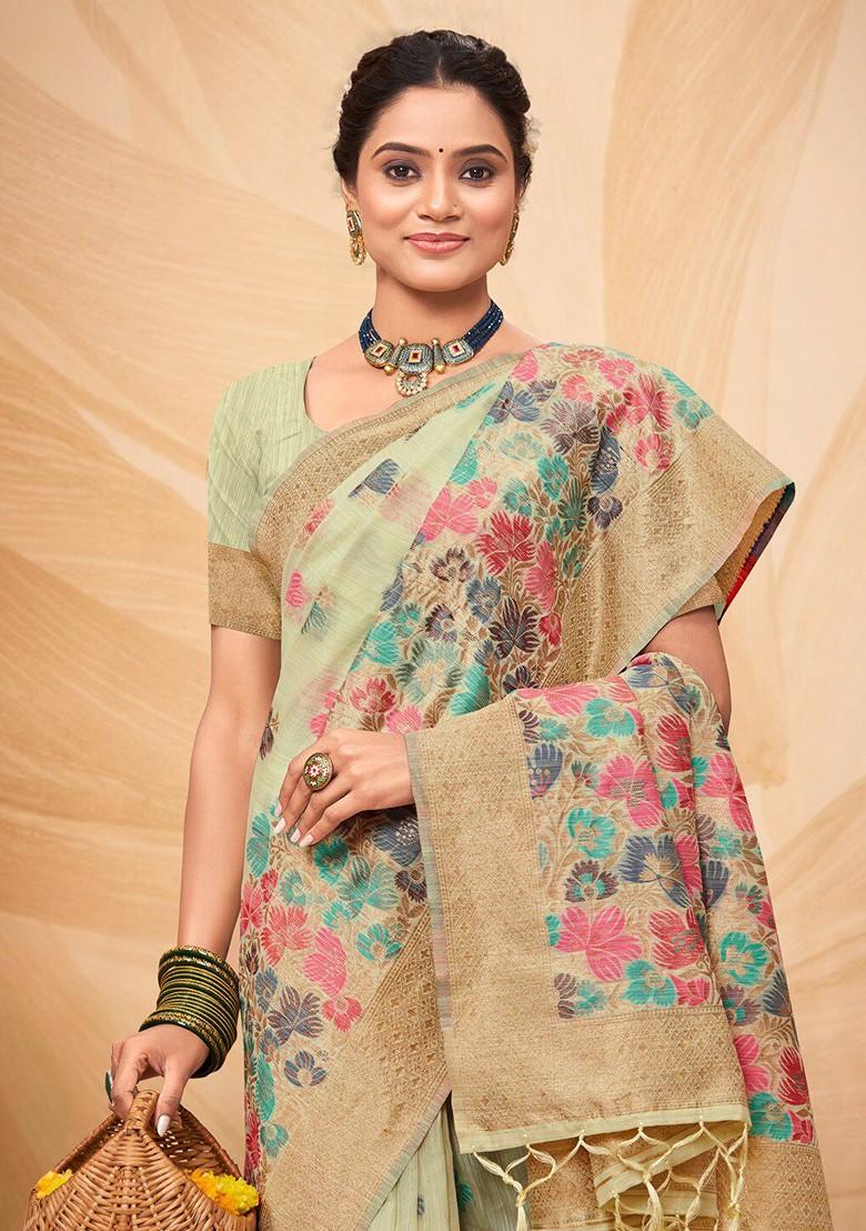 Green Floral Print Woven Poly Blend Saree Set
