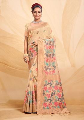 Cream Floral Print Woven Poly Blend Saree Set