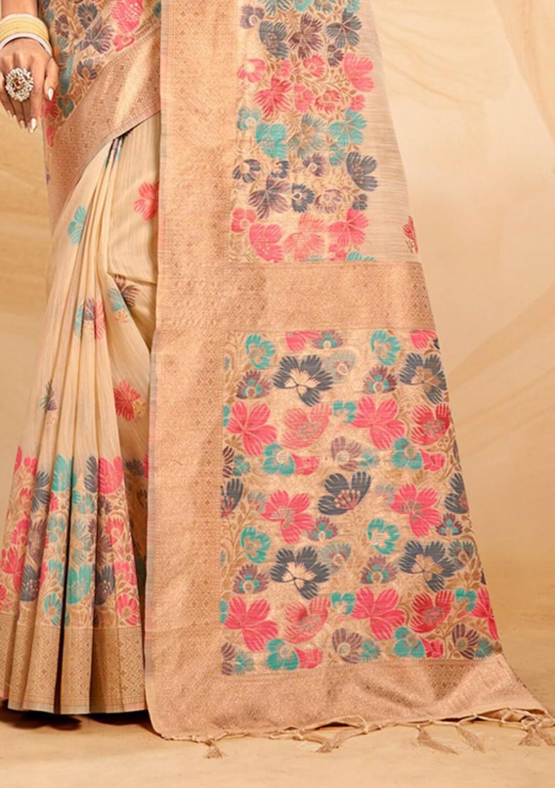 Cream Floral Print Woven Poly Blend Saree Set