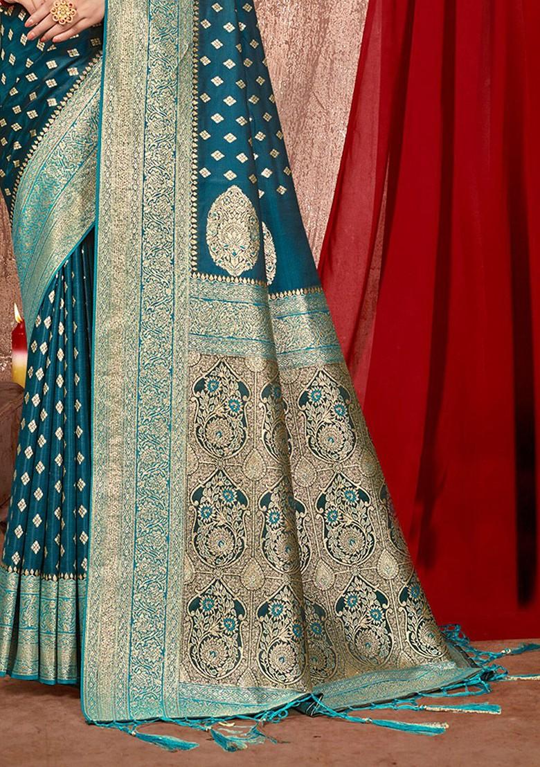 Sea Green Printed Woven Poly Blend Saree Set