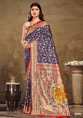 Navy Blue Floral Print Woven Poly Blend Saree Set