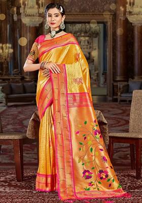Yellow Floral Print Woven Poly Blend Saree Set