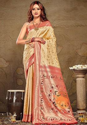 Cream Floral Print Woven Poly Blend Saree Set