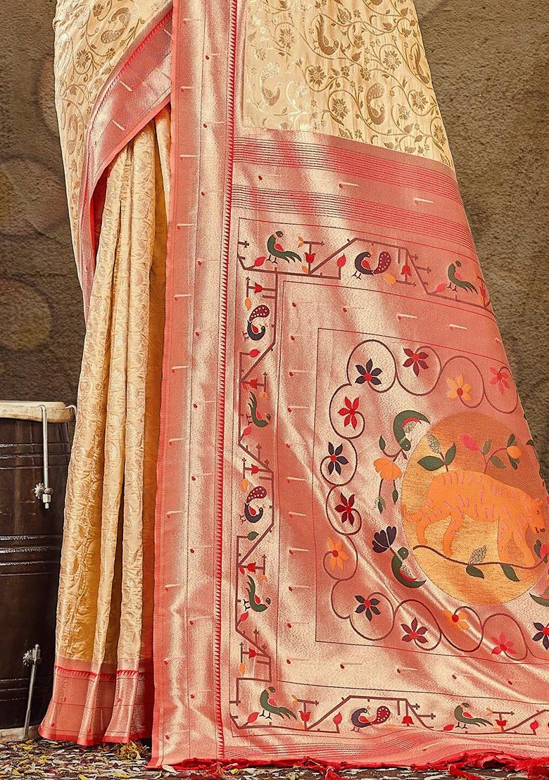 Cream Floral Print Woven Poly Blend Saree Set