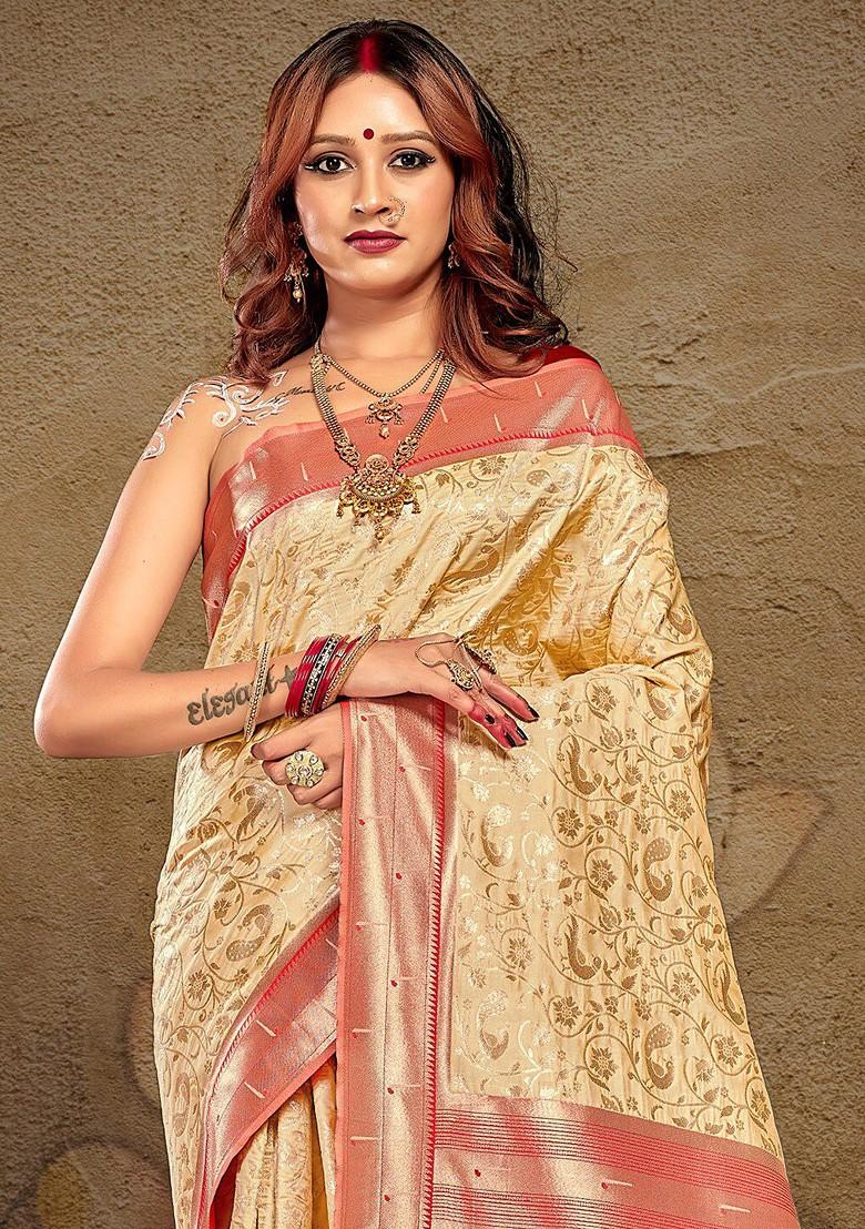 Cream Floral Print Woven Poly Blend Saree Set