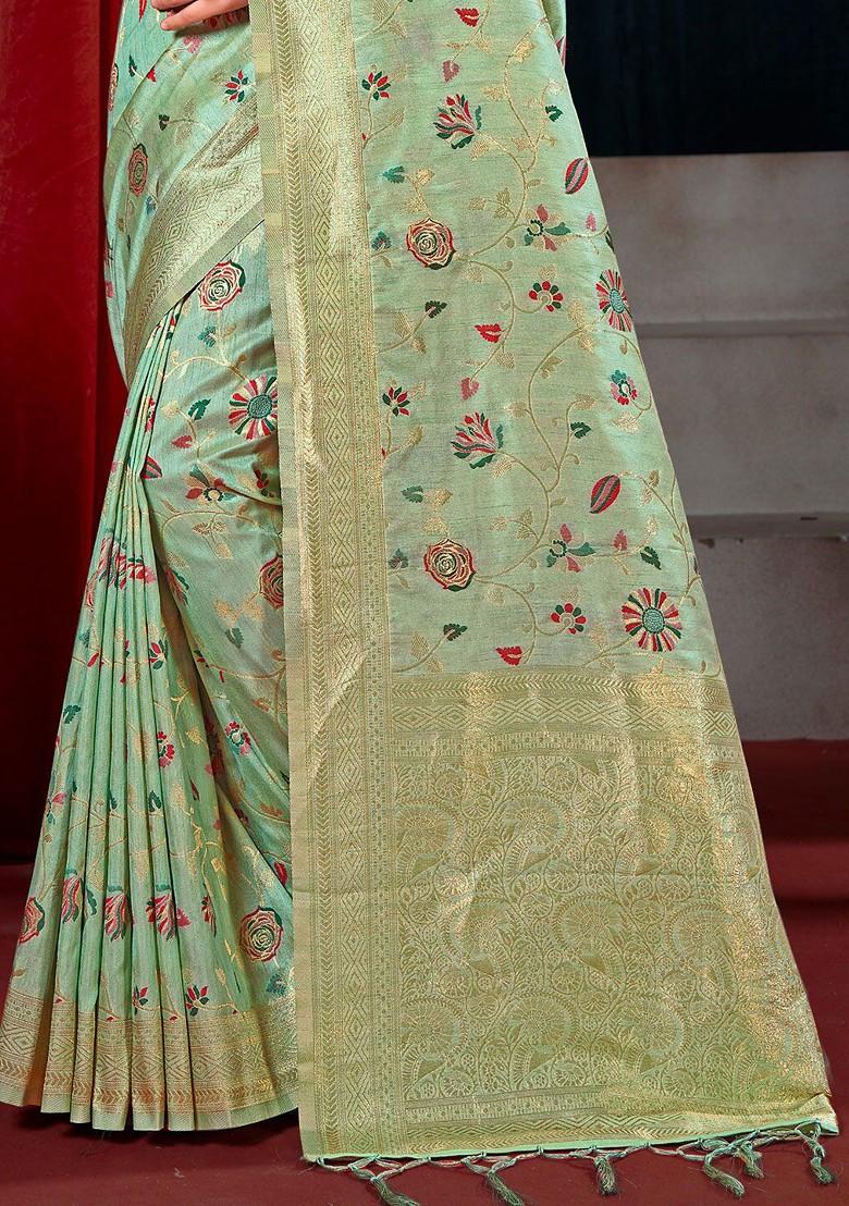 Green Floral Print Woven Poly Blend Saree Set