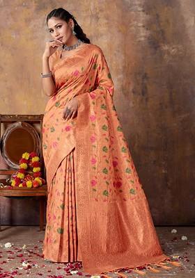 Peach Floral Print Woven Poly Blend Saree Set