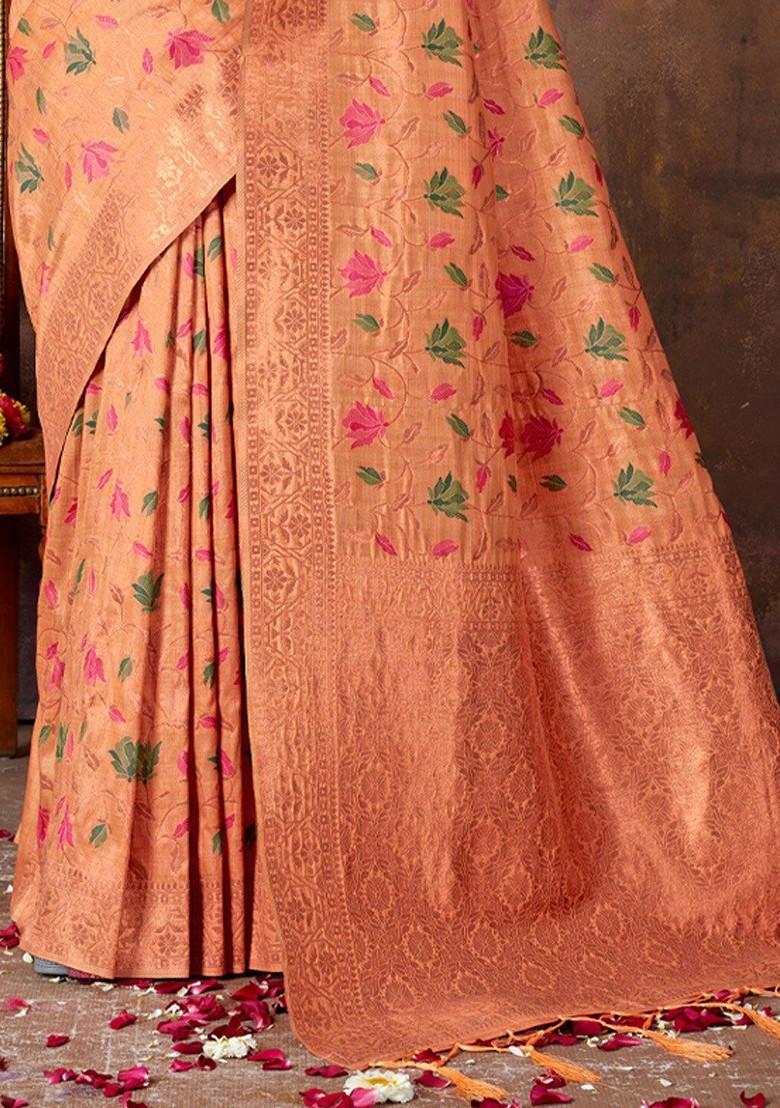 Peach Floral Print Woven Poly Blend Saree Set