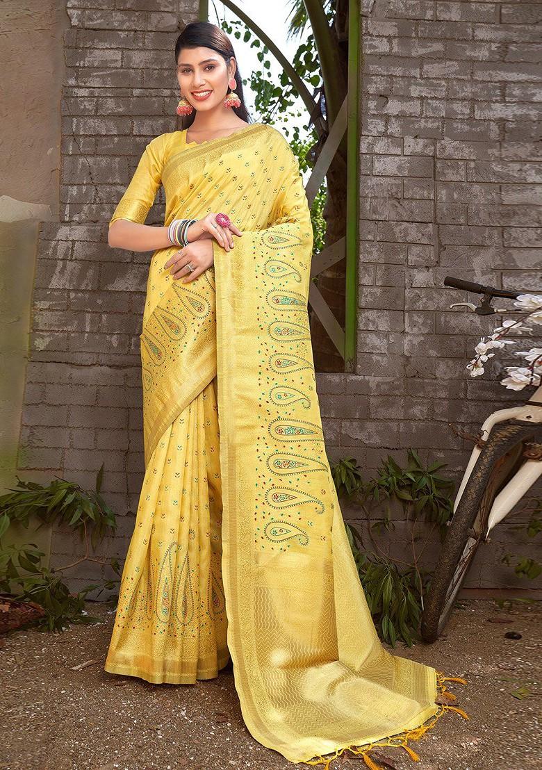 Yellow Printed Woven Poly Blend Saree Set