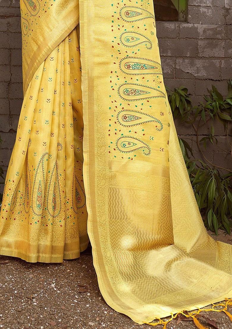 Yellow Printed Woven Poly Blend Saree Set
