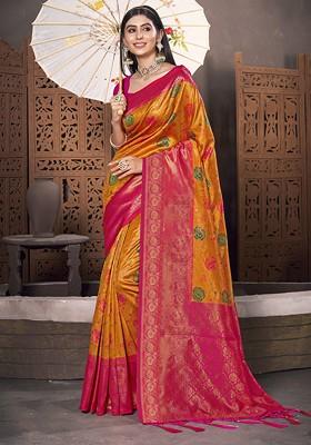 Yellow Floral Print Woven Poly Blend Saree Set